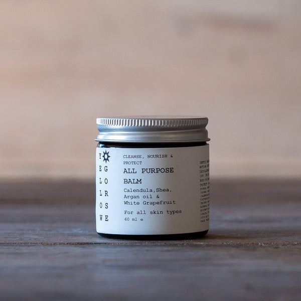 all purpose balm Contains: Argan, shea, jojoba, calendula, safflower, sea buckthorn, vitamin E, tea tree & lavender oil